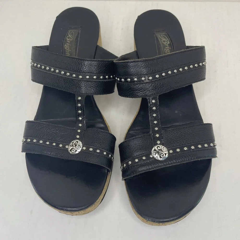 Brighton Sandals Size 9 M Slip On Slides Black Silver Cork Wedge Heel Studded